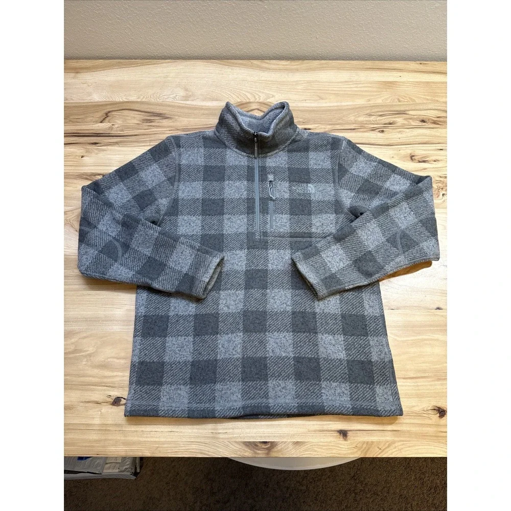 The North Face Men's Pullover Gray Plaid 1/4 Zip Fleece Sweater Size Medium READ